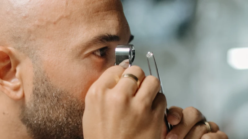 Gemólogo examinando un diamante con lupa