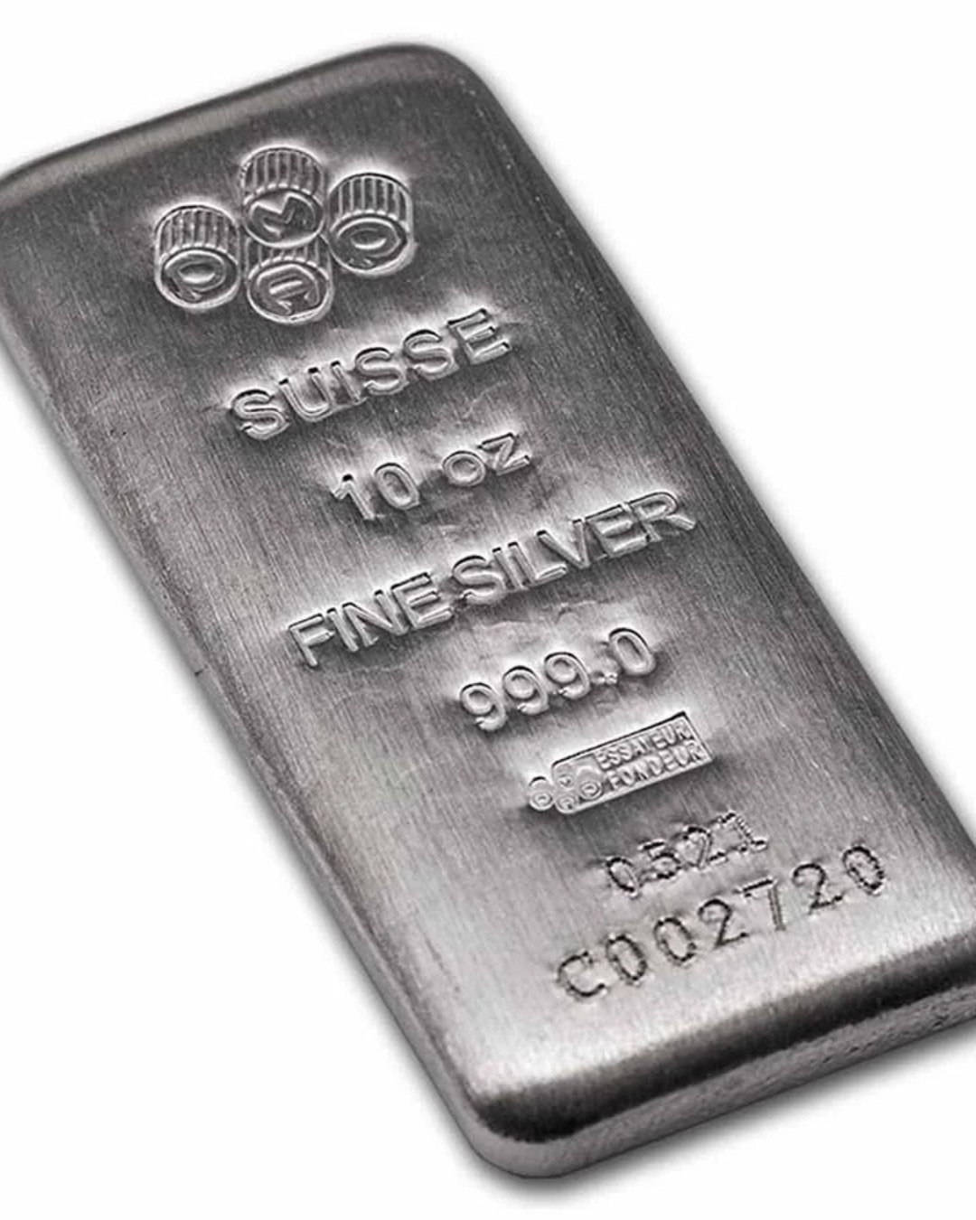 Barra de plata fina 999.0 con sello Suisse y certificación de pureza