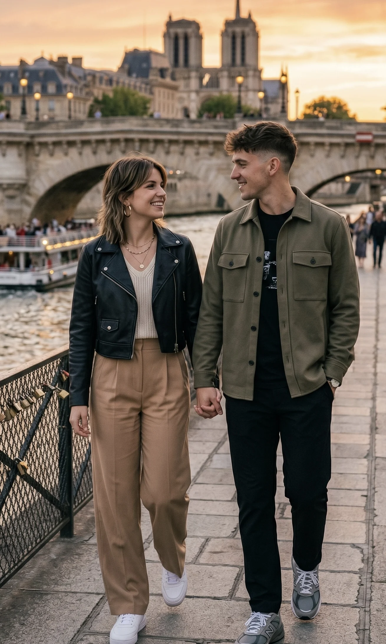 Pareja joven caminando tomada de las manos en un puente