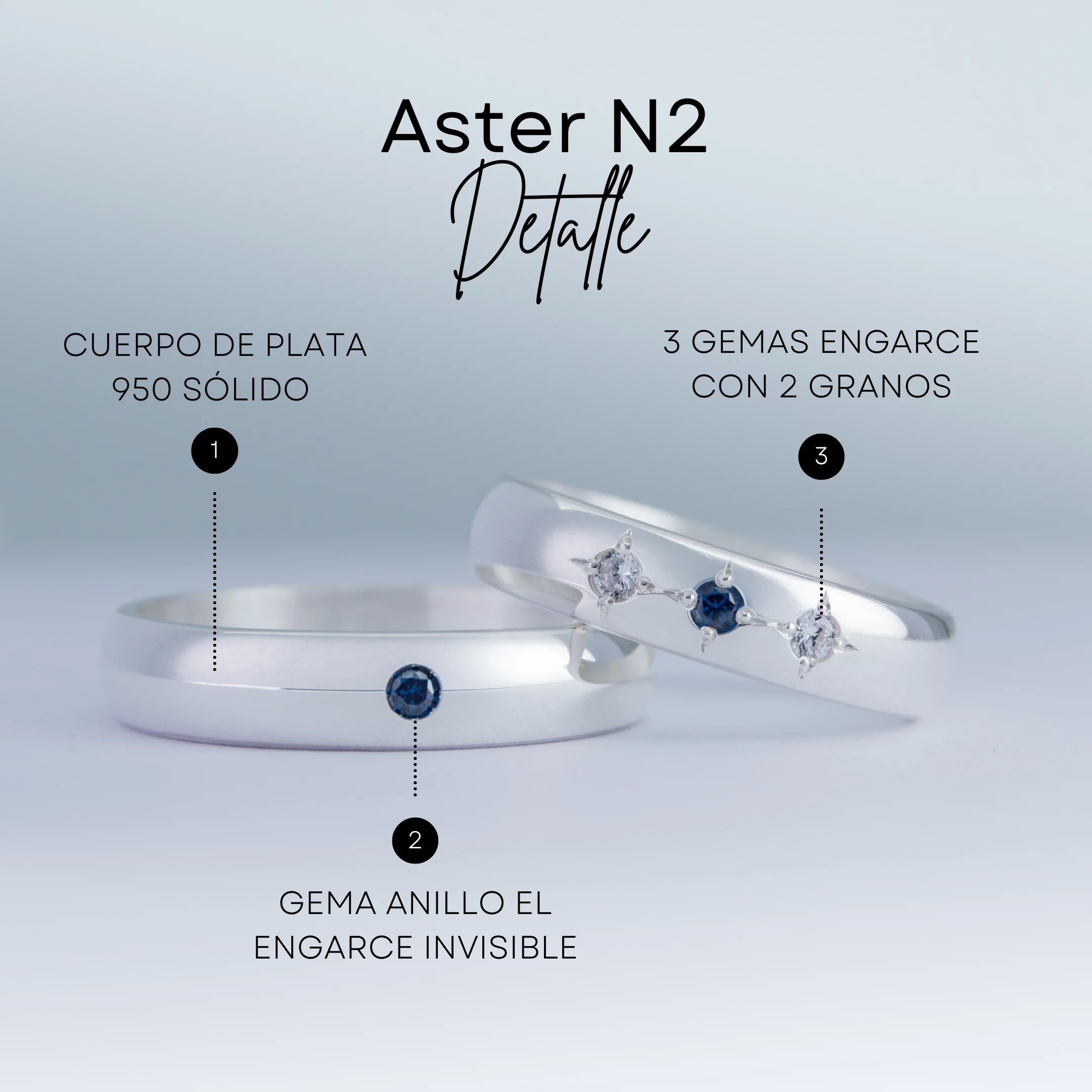 Par de alianzas de casamiento en plata 950 con zafiros azules y diamantes, modelo Aster, fabricadas artesanalmente en Buenos Aires — Haikmaro Joyería