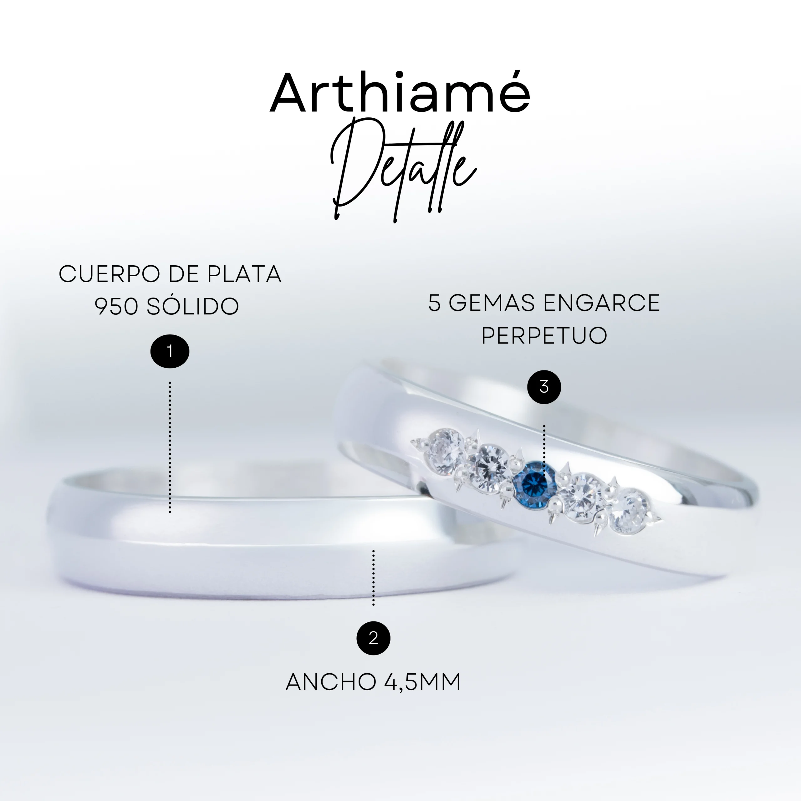 Par de alianzas de casamiento en plata 950 con zafiros azules y diamantes, modelo Aster, fabricadas artesanalmente en Buenos Aires — Haikmaro Joyería