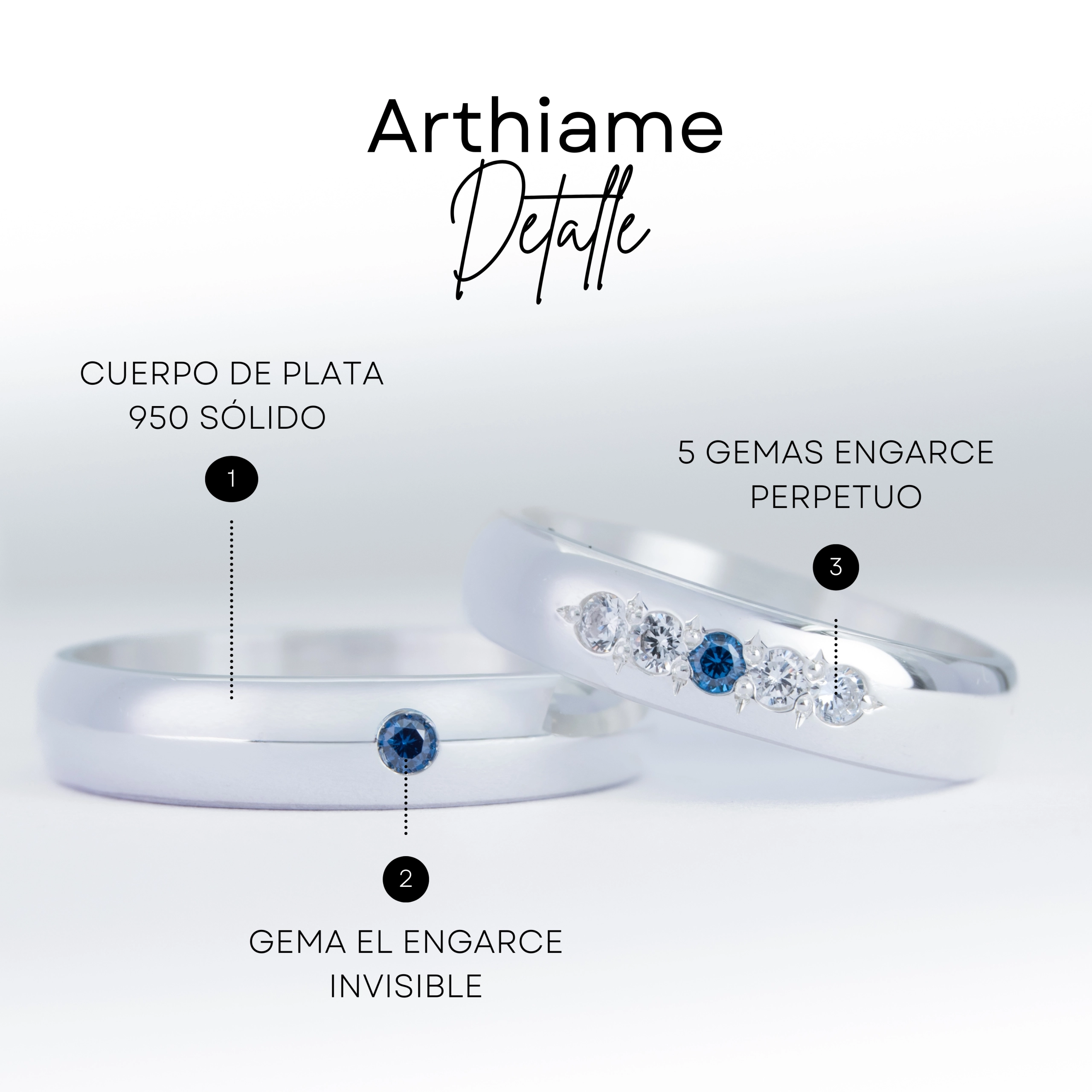 Par de alianzas de casamiento en plata 950 con zafiros azules y diamantes, modelo Arthiamé, fabricadas artesanalmente en Buenos Aires — Haikmaro Joyería